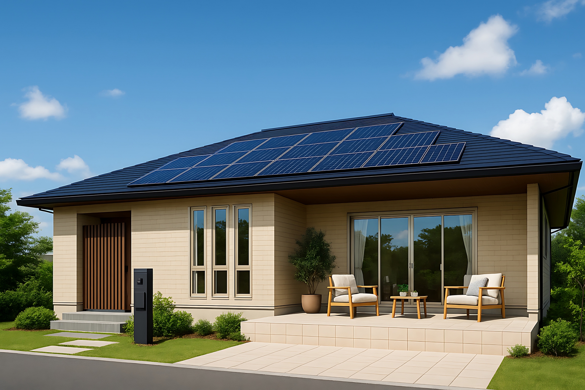 平屋住宅の一戸建と太陽光パネル屋根外観5