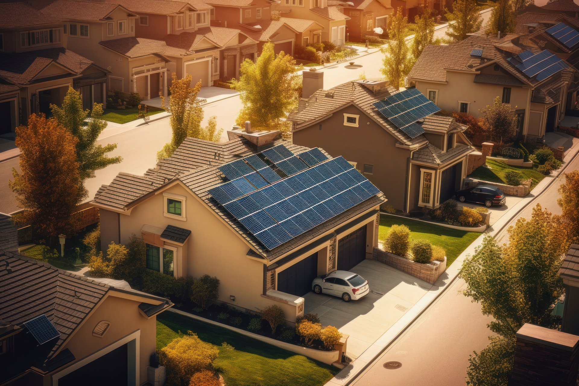 家庭用ソーラーパネルを設置した住宅街