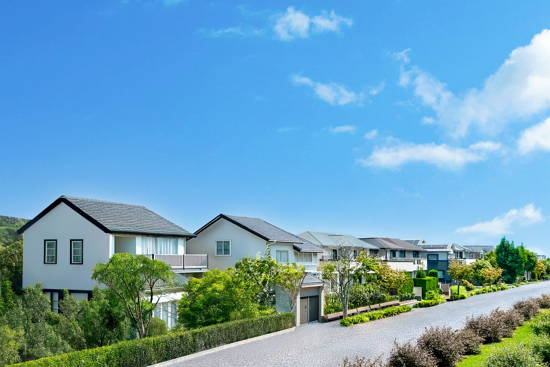 緑の多い道路と戸建て住宅が並ぶ明るい街
