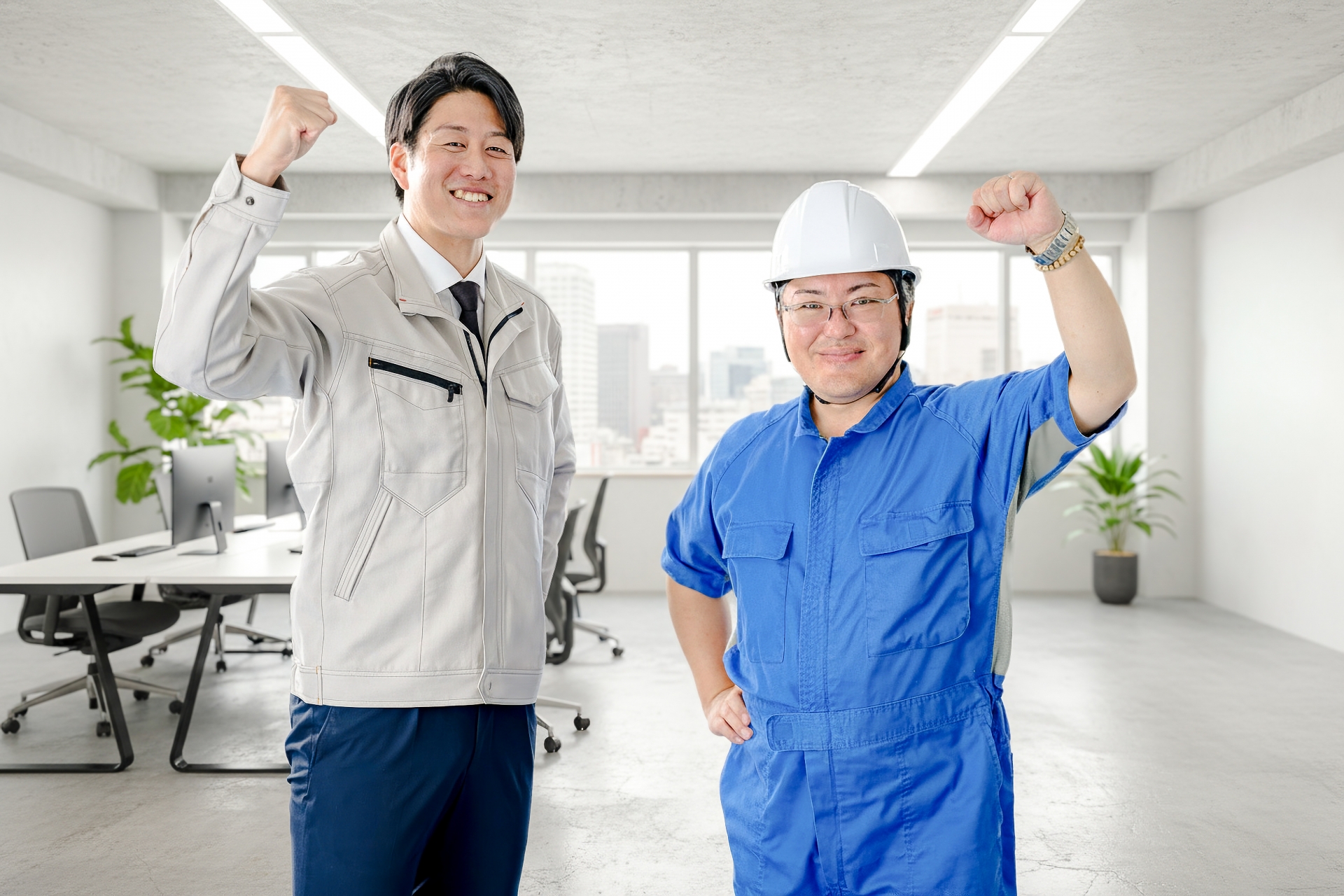 ガッツポーズする作業員